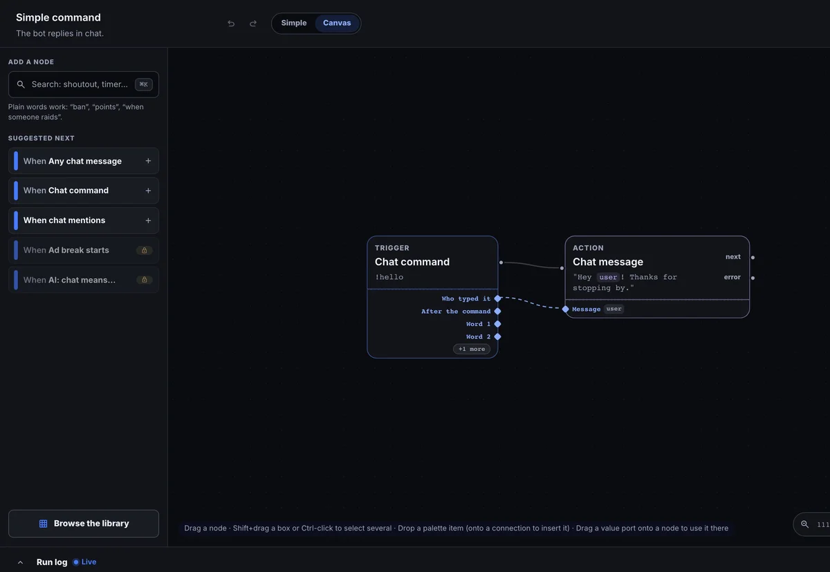The real Bloopbot flow editor showing connected steps for a stream automation