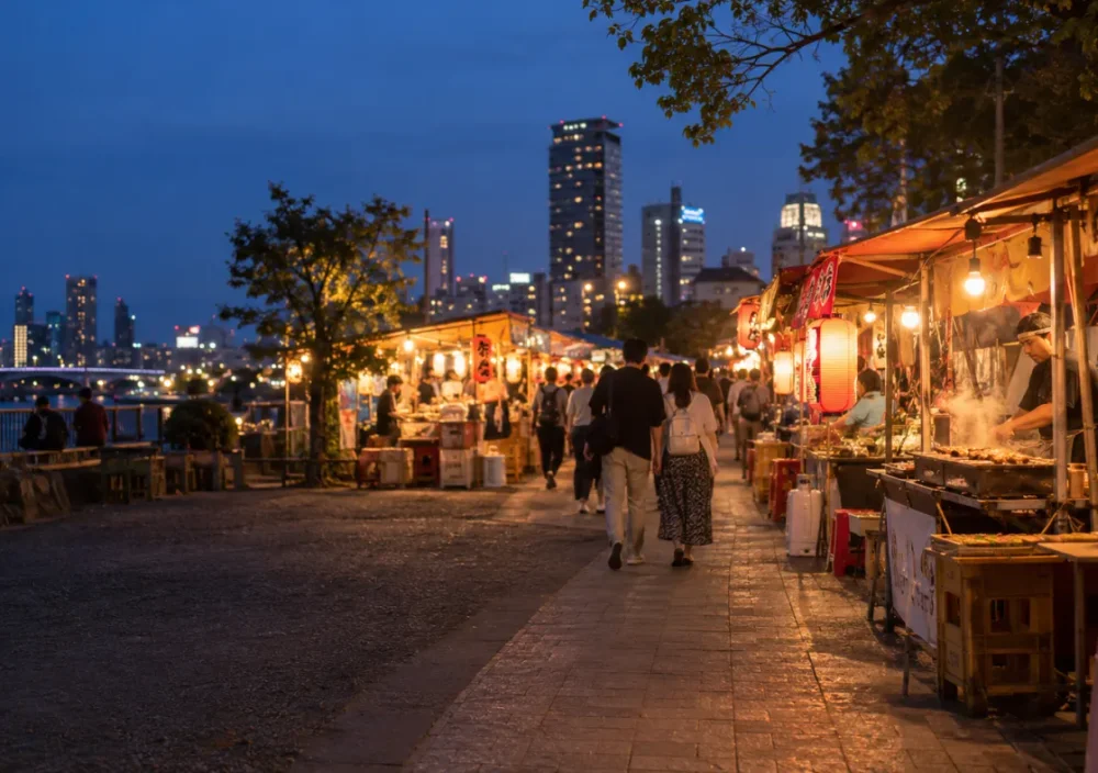 An evening street market illustrating a stream beyond the desk